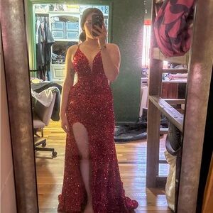 Red Sequin Slit Evening Gown